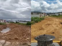 Imagem mostra fotos de antes e depois da rua padre Jeferson Diniz receber serviço de terraplanagem | Foto: divulgação